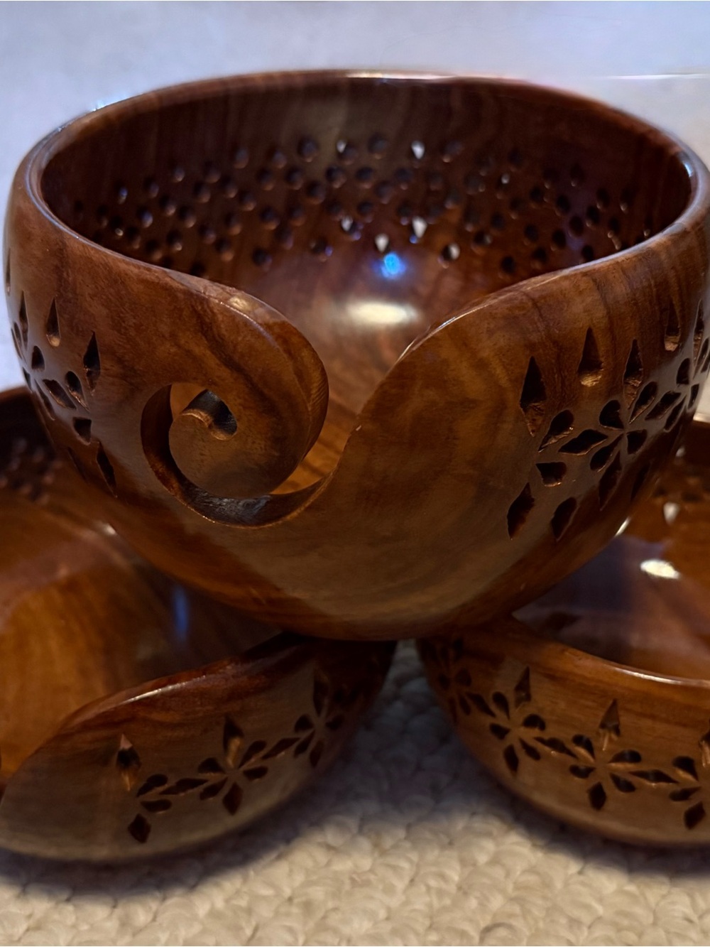 Hand-Carved Wooden Yarn Bowl - Rich Brown